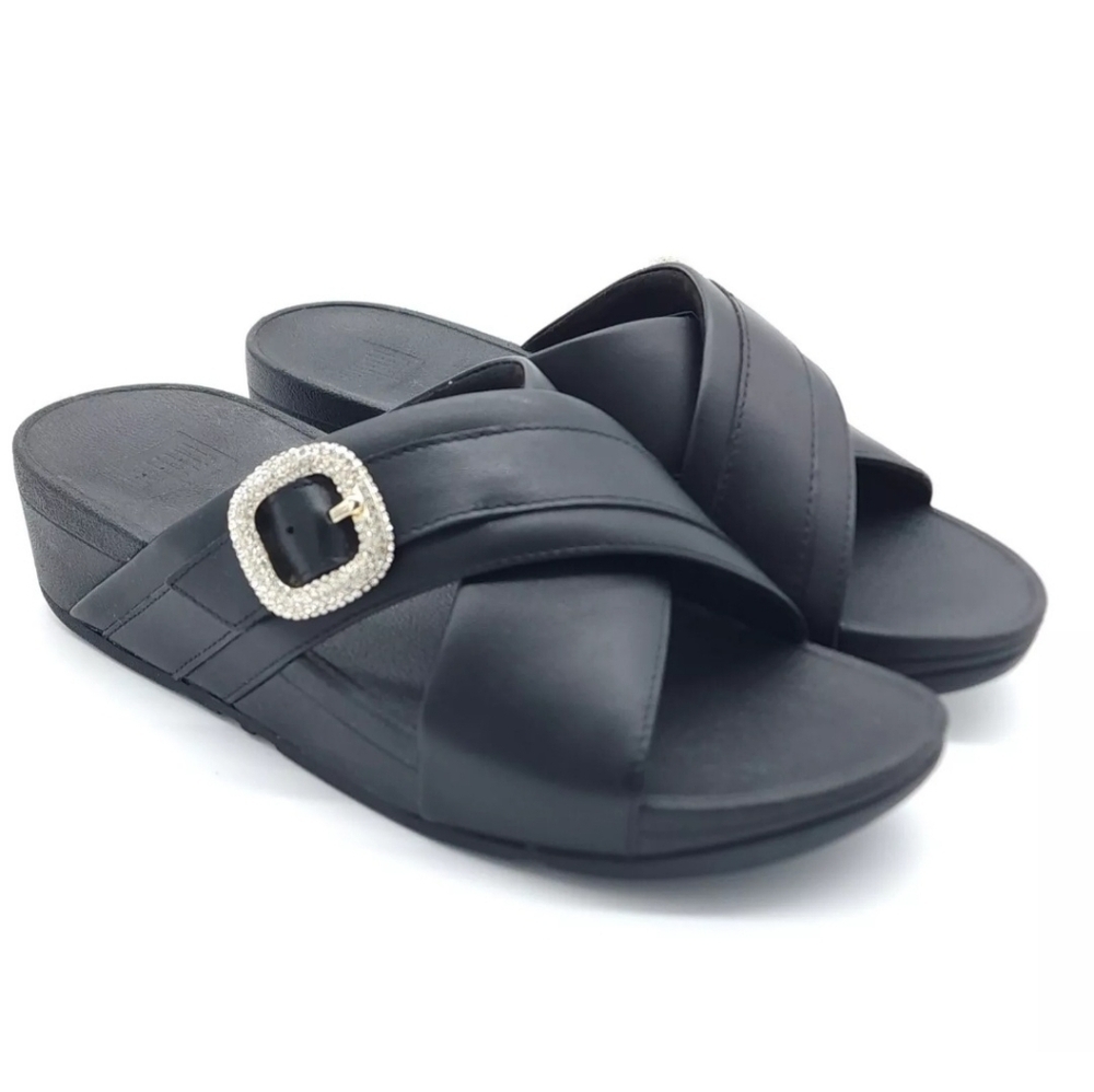 Fitflop Lulu Crystal-Buckle Black Leather Cross Slides Women's Size 38 US 7 - Picture 2 of 7